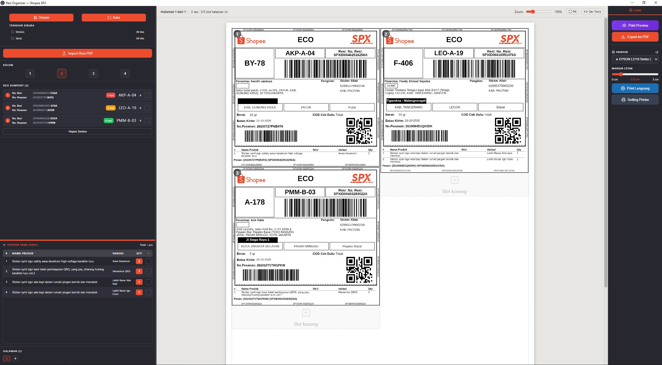 Screenshot UI asli Resi Organizer